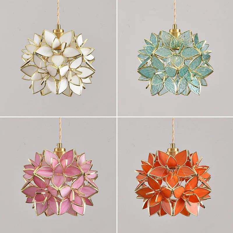 Copper and stained glass hanging line chandelier with adjustable cable for ceiling installation