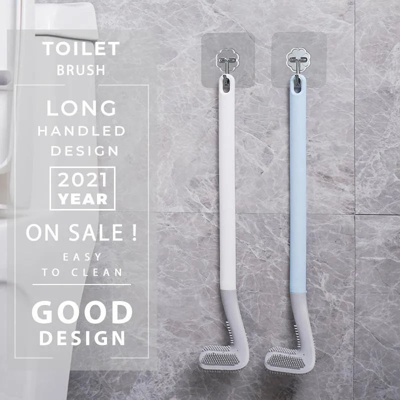 Golf-shaped toilet brush with TPR bristles and long handle, wall-mounted in a bathroom, available in multiple colours.