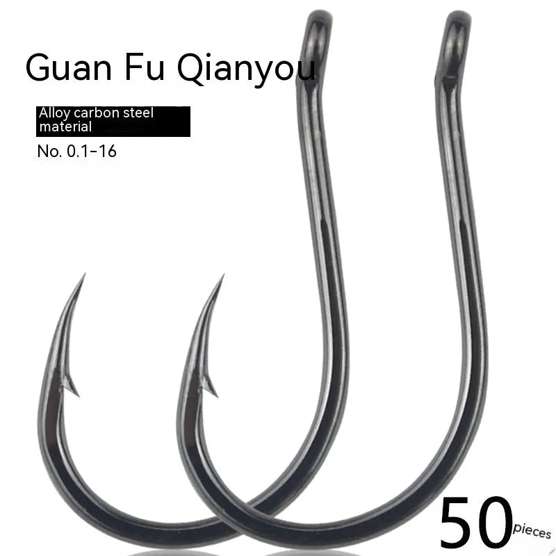 Bulk pack of barbed fishing hooks with crooked mouth and hole ring for sea fishing.