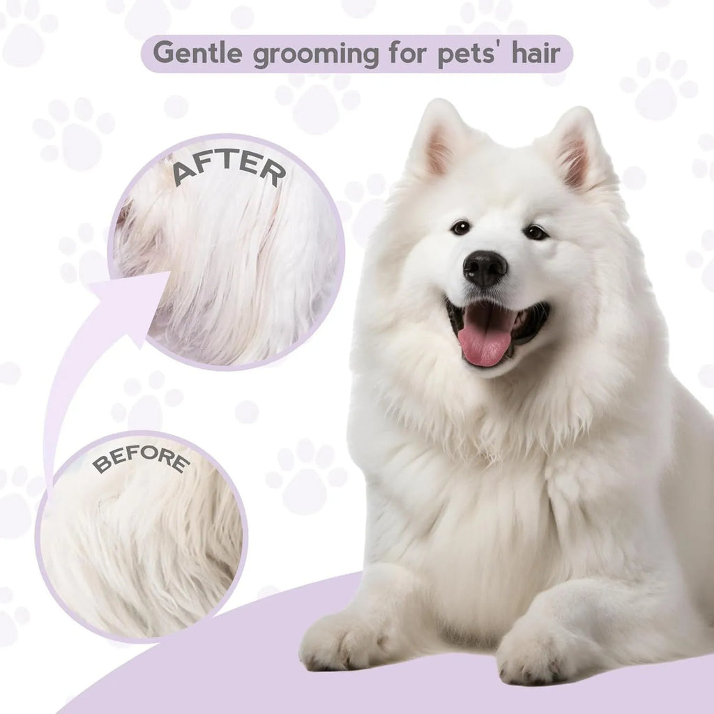 Purple pet detangling comb with stainless steel long and short teeth on an ergonomic handle.