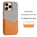 Leather magnetic card phone case for iPhone 12-15 Pro Max in black, brown, pink, orange with card slot.