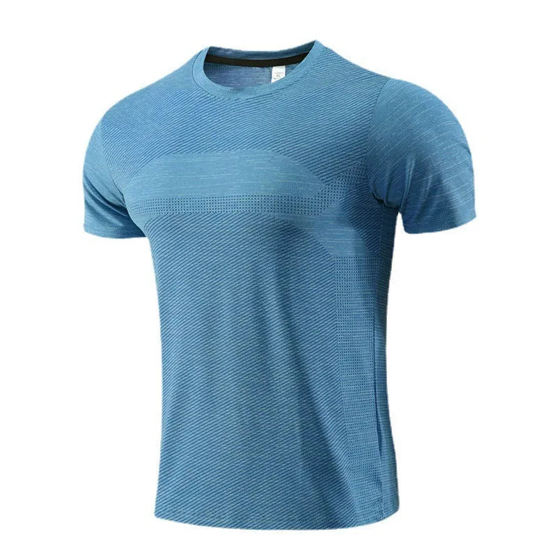 Short sleeve running T-shirt in polyester spandex fabric, available in red, black, and blue colours.