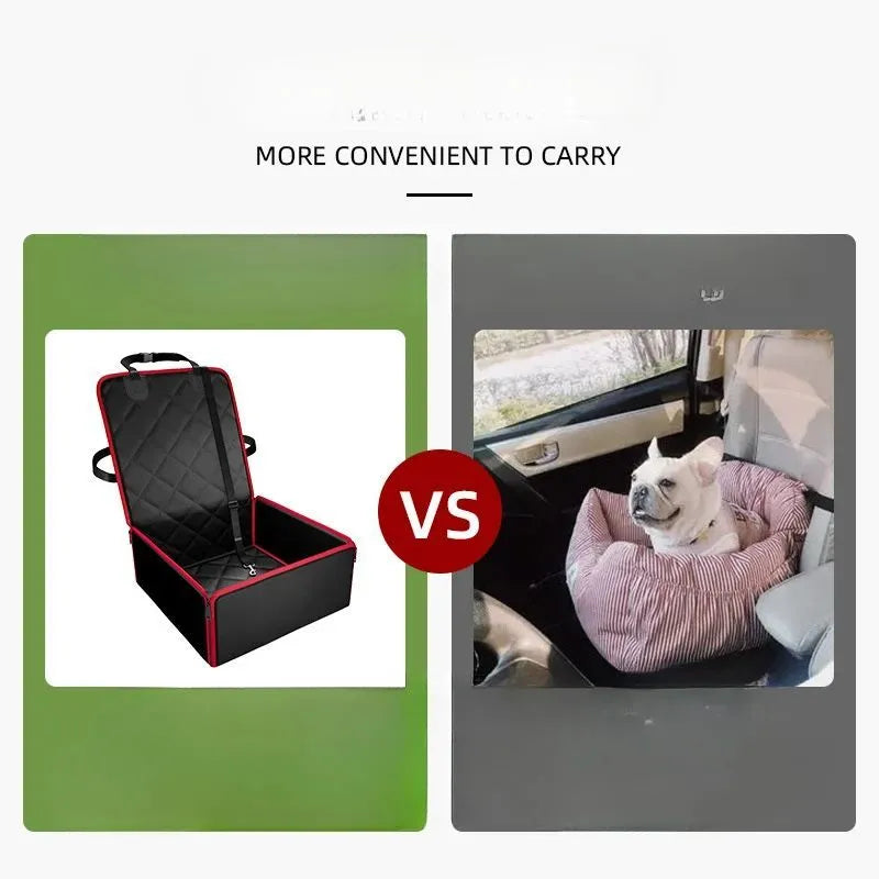 Large black dog car front seat pad with non-slip base on a car seat