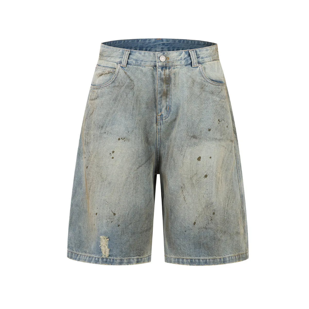 Blue washed straight leg denim trousers showing mid-length cut and zipper fly detail
