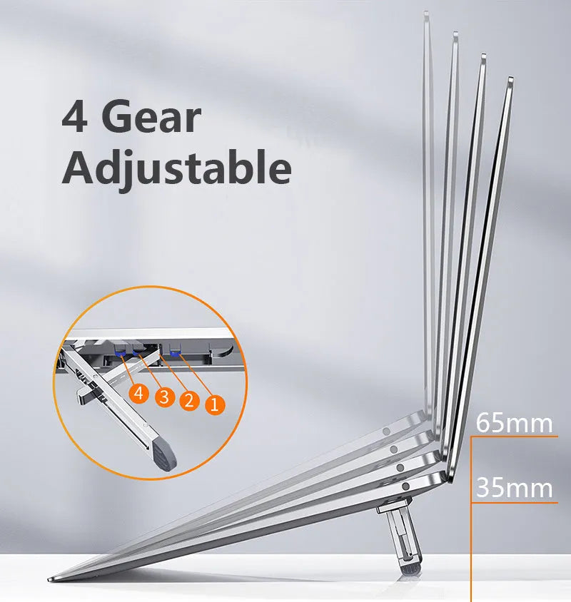 Aluminium alloy adjustable laptop cooling bracket stand in silver colour on a desktop