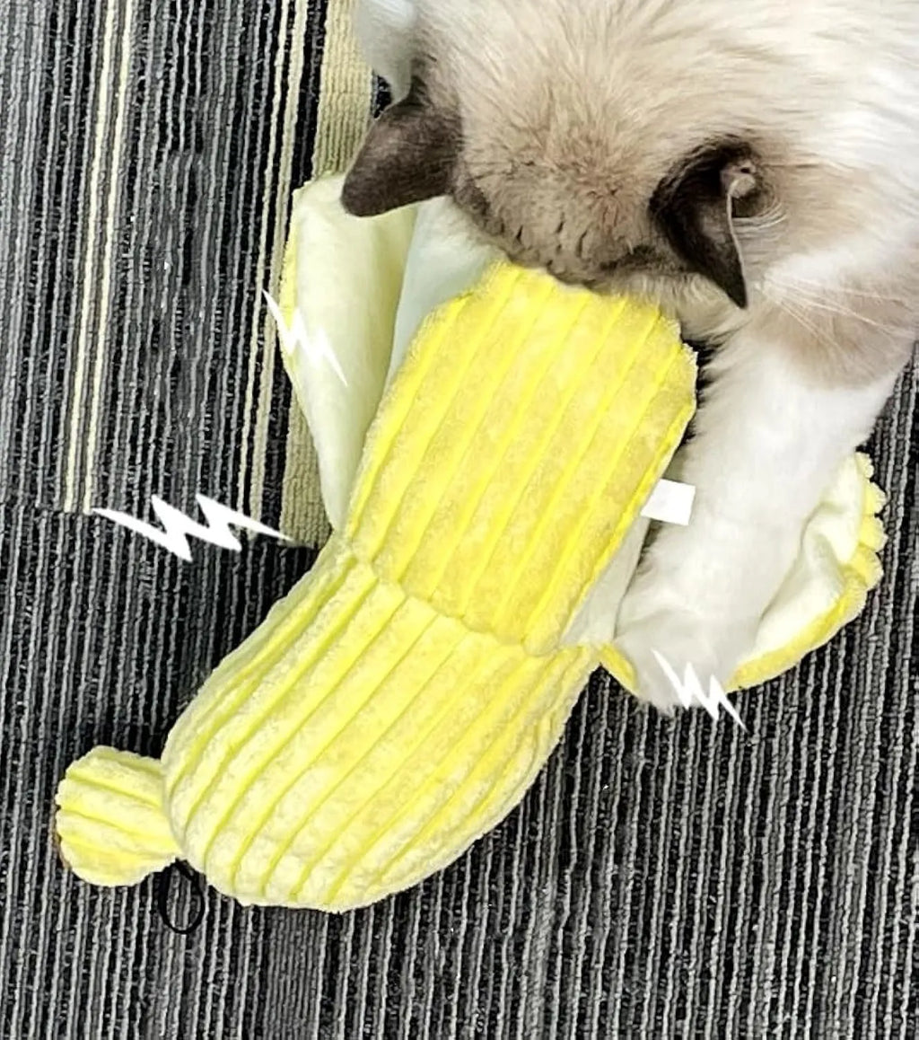 Yellow banana-shaped cat toy with plush fabric and crinkle sound feature