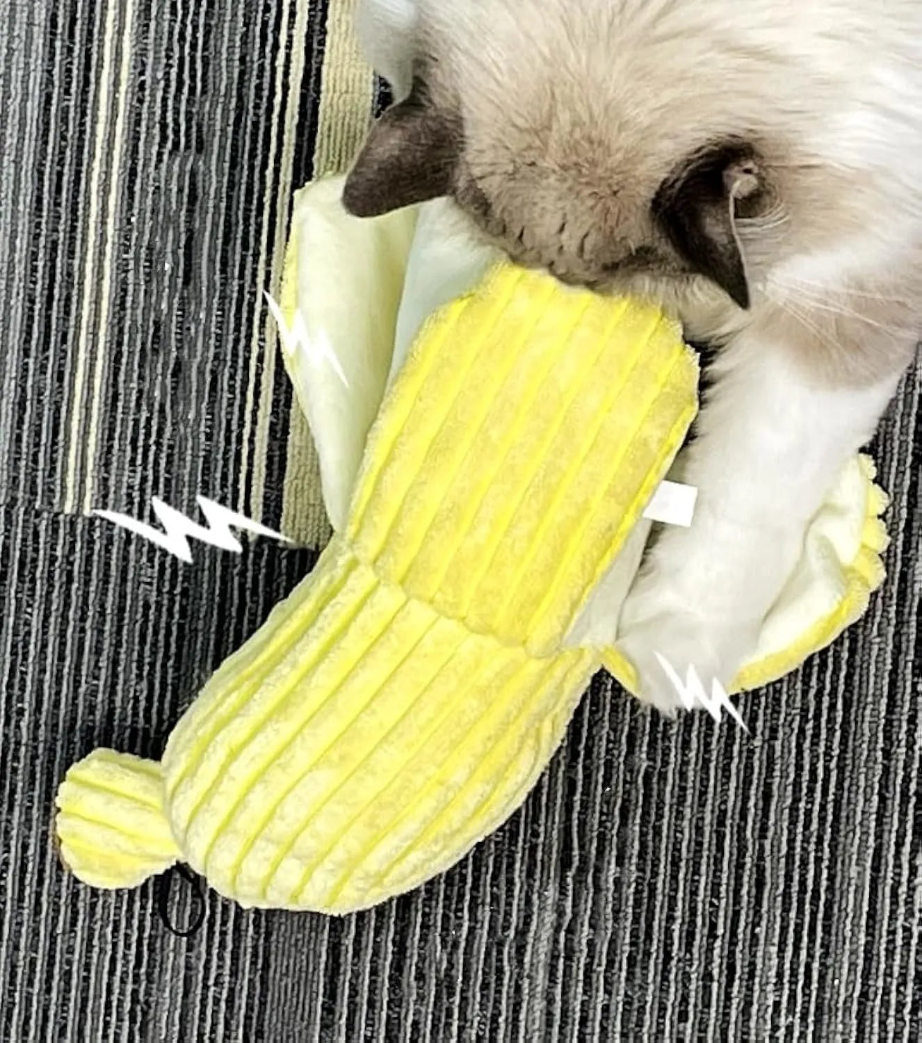 Yellow banana-shaped cat toy with plush fabric and crinkle sound feature