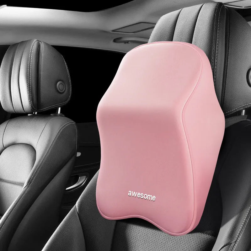 Memory foam car lumbar pillow and matching headrest with geometric pattern in choice of four colours