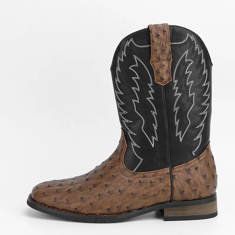 Men's Western denim square toe motorcycle boots in retro style with low wedge heel and artificial leather upper