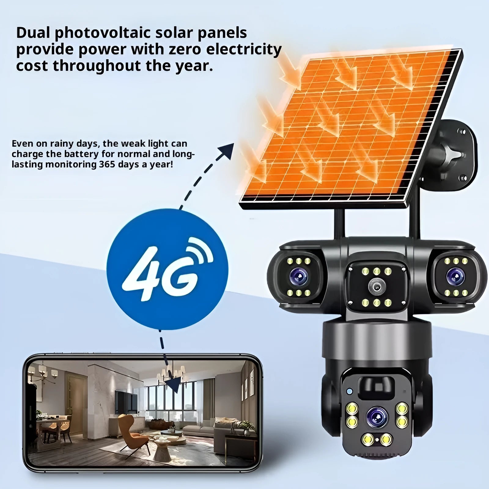 Three-lens solar PTZ security camera in black ABS housing with solar panel for outdoor full colour night vision surveillance