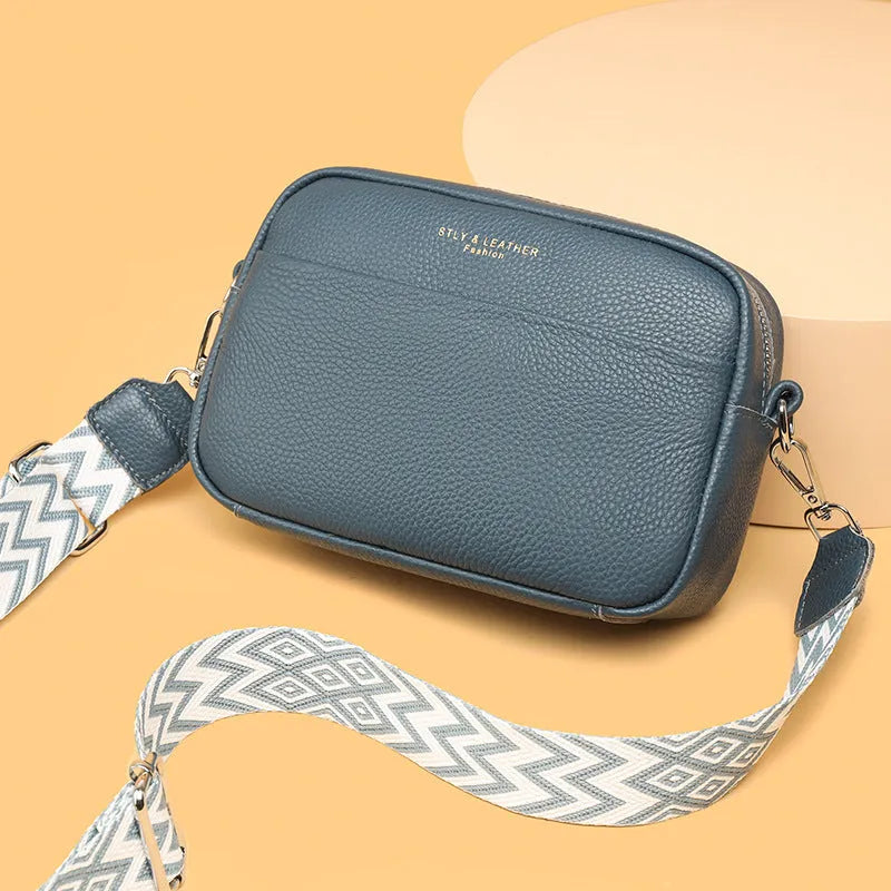 Fashion shoulder crossbody bag with rhombus embroidered wide strap in beige genuine leather for women