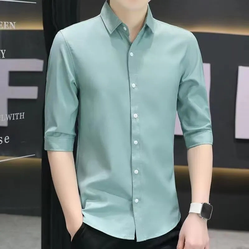 Men's slim-fit linen-blend half-sleeve shirt in light blue on a hanger.