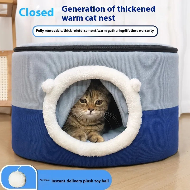 Winter warm closed cat house made of soft cloth, available in three sizes for cats and small dogs