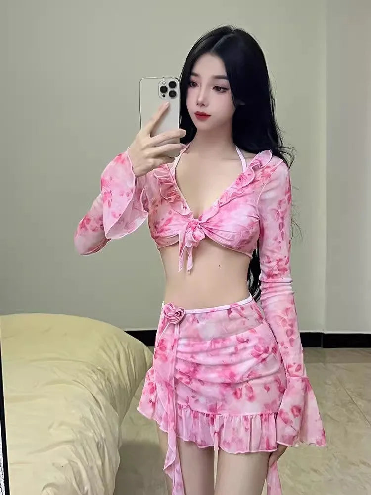 Women's floral bikini swimsuit set in cherry blossom pink colour with polyester fabric