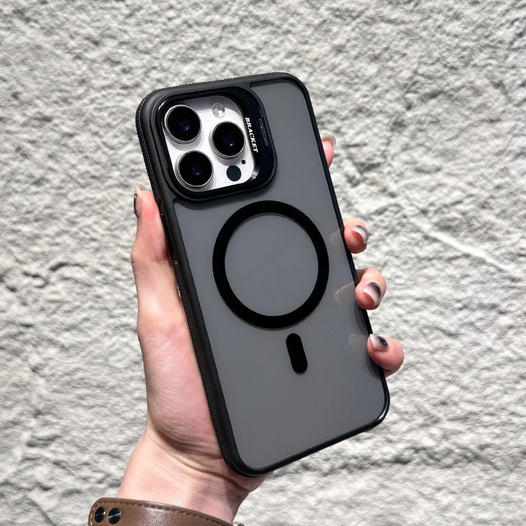 Invisible lens bracket magnetic phone case for iPhone in RW Black colour, showing TPU PC two-in-one design with integrated bracket