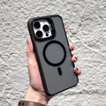 Invisible lens bracket magnetic phone case for iPhone in RW Black colour, showing TPU PC two-in-one design with integrated bracket