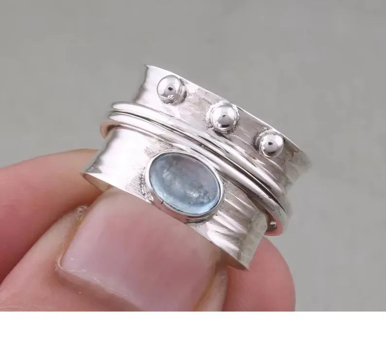 Handmade silver women's ring with natural aquamarine gemstone in geometric cut, retro style, size 4 to 7.5