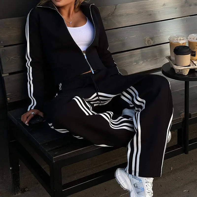 Black women's casual long sleeve sports two-piece set with top and trousers, polyester fibre health cloth