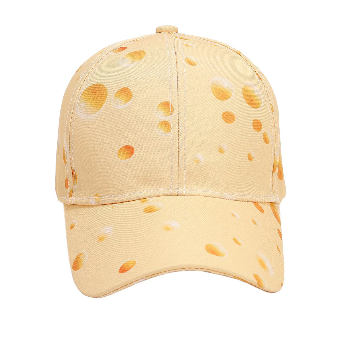 Cheese pattern printed peaked cap with adjustable size and dome crown