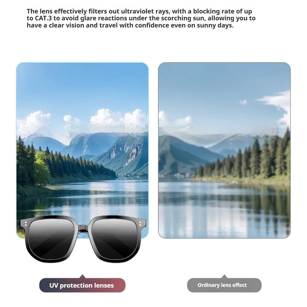 Black AI smart glasses with Bluetooth audio and sunglasses lenses for wireless calls.
