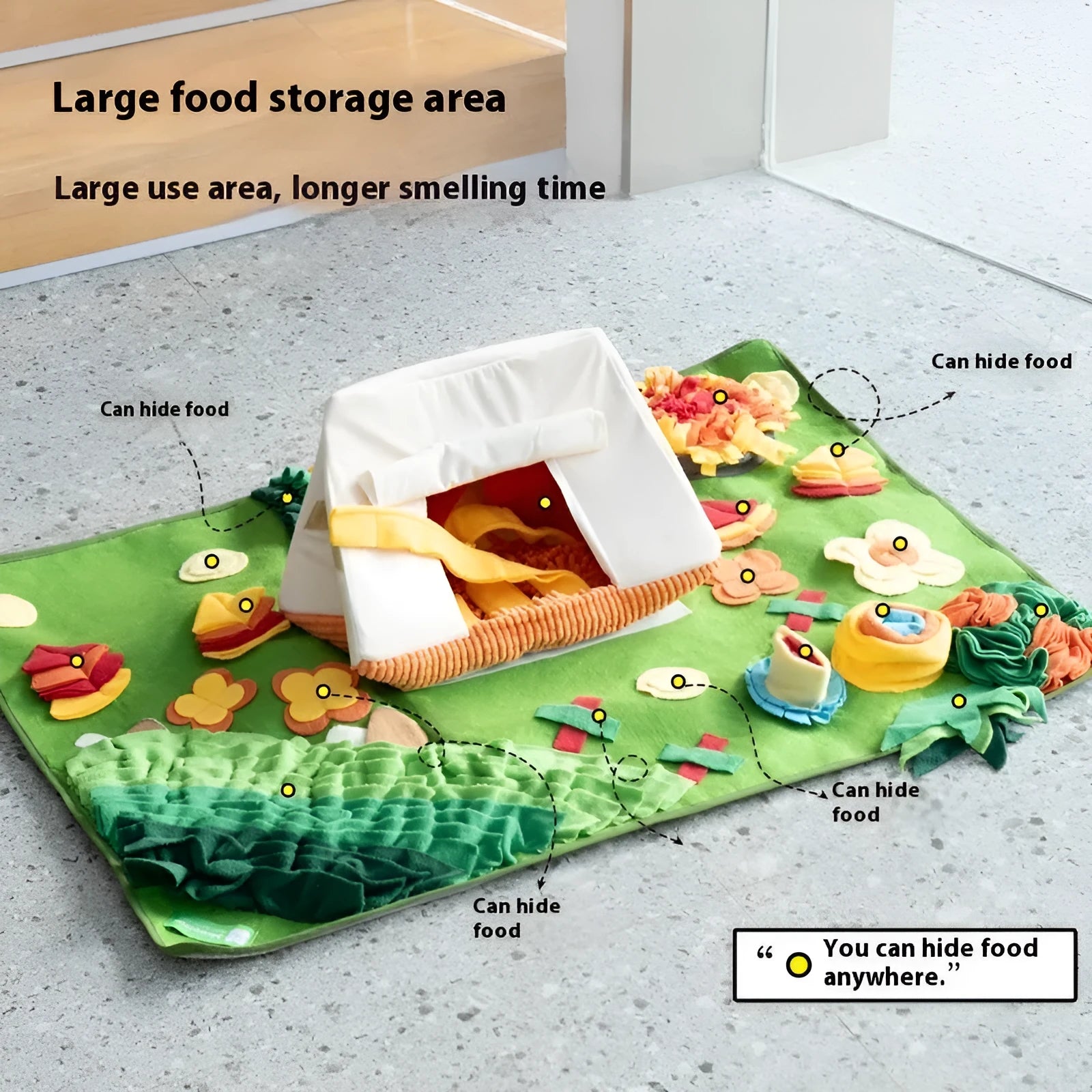 Plastic dog sniffing mat with printed garden camping theme, shown as a flat blanket for hiding dog treats.