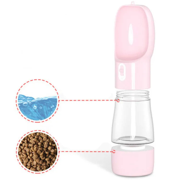 Travel Out portable dog food water cup in blue, showing combined water and grain container with 258ml and 200ml capacities