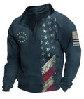 Man wearing a long sleeve loose fit t-shirt with a retro striped print and zip detail decorations.