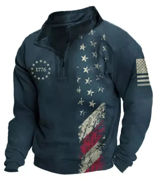 Man wearing a long sleeve loose fit t-shirt with a retro striped print and zip detail decorations.