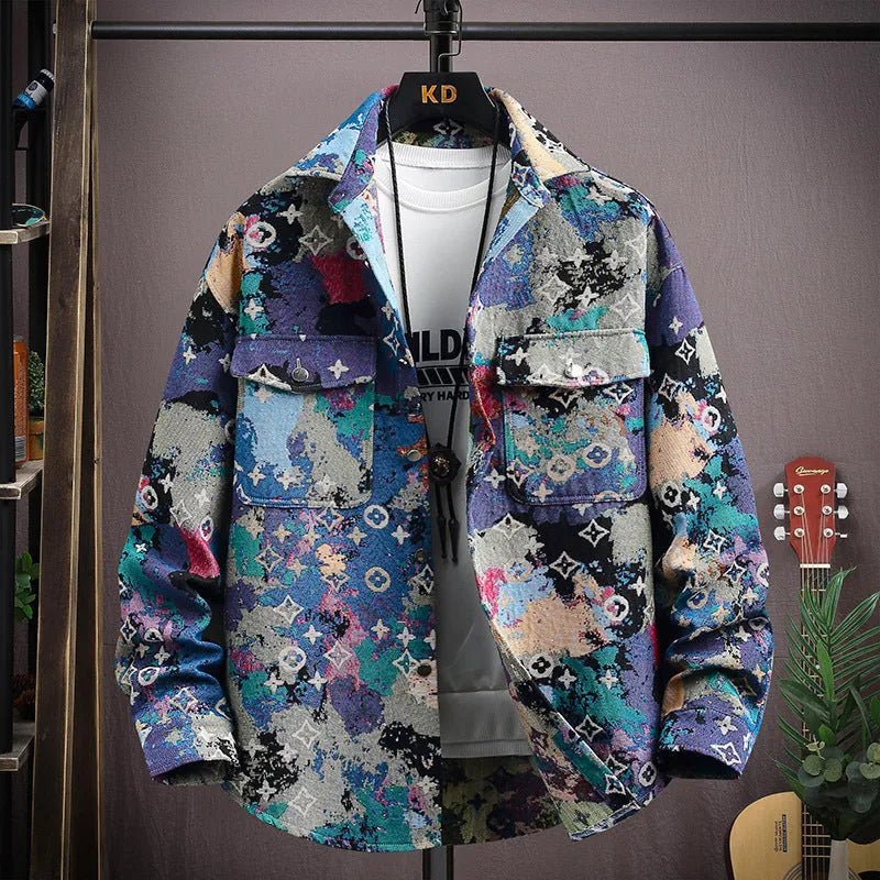 Men's casual lapel shirt coat in a blue colour variant, showing long sleeves and straight hem design.