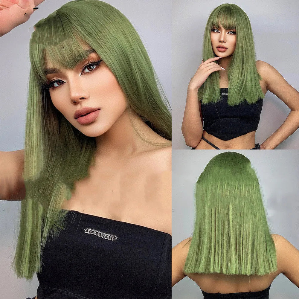 Ladies plant green straight synthetic wig with Qi bangs on display