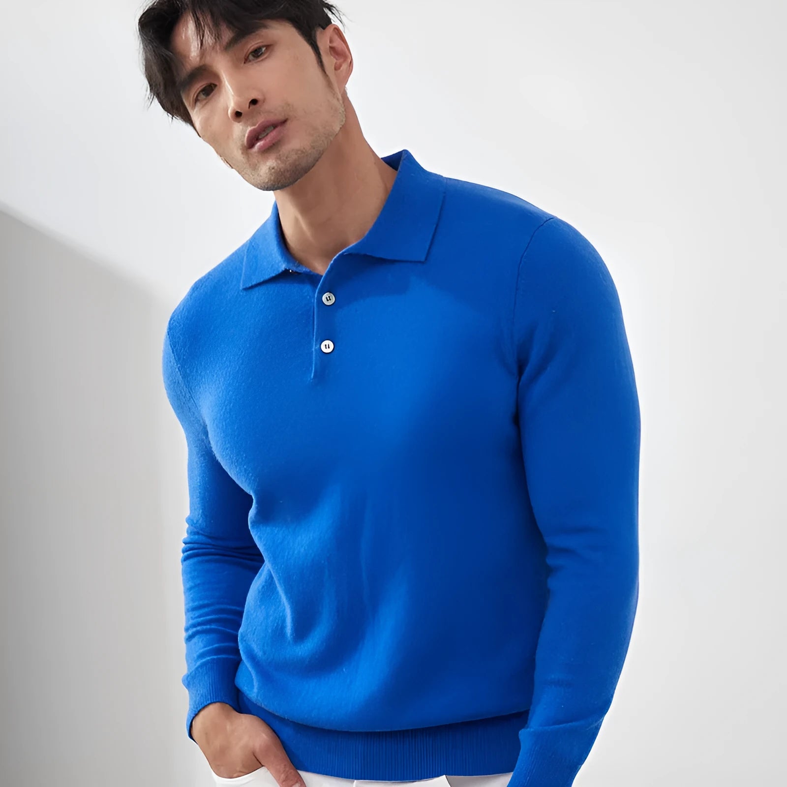 Men's cashmere pullover sweater with polo collar in loose fit showing colour options