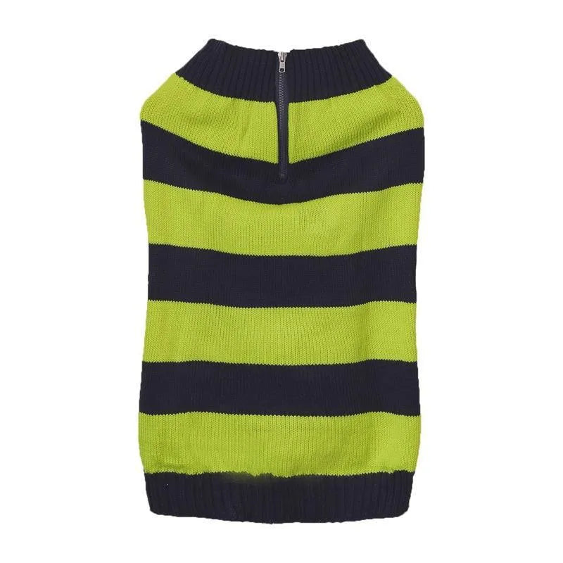 Blue dog jumper with a horizontal front zipper, a button pocket, and contrast trim on a small dog.