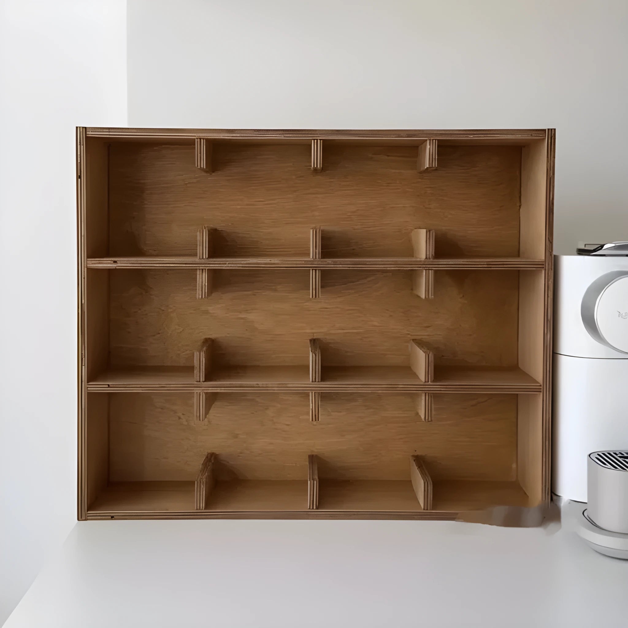 Solid wood multi-layer grid storage rack with birch finish and square compartments for cup organisation