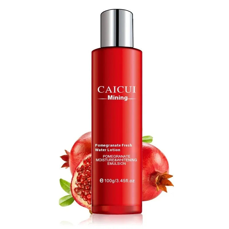 Pomegranate skincare set with four products: cleanser, toner, lotion and facial cream