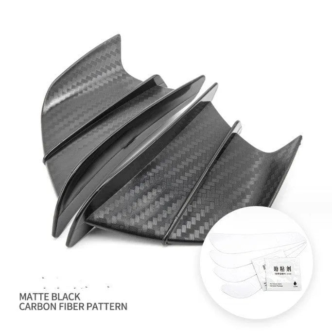 Universal motorcycle spoiler wing with four glossy finish options including forged and carbon fibre patterns