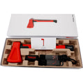 Red plastic axe-shaped muscle trainer fitness equipment on a plain background.