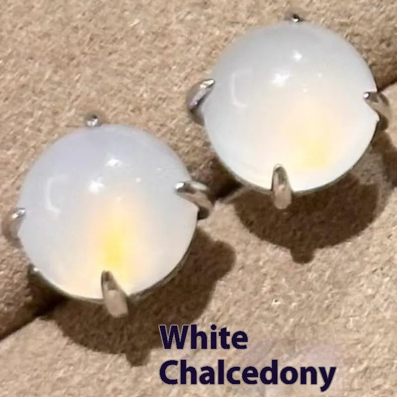 Chinese style round egg surface chalcedony earrings with geometric design and copper four claw setting