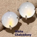Chinese style round egg surface chalcedony earrings with geometric design and copper four claw setting