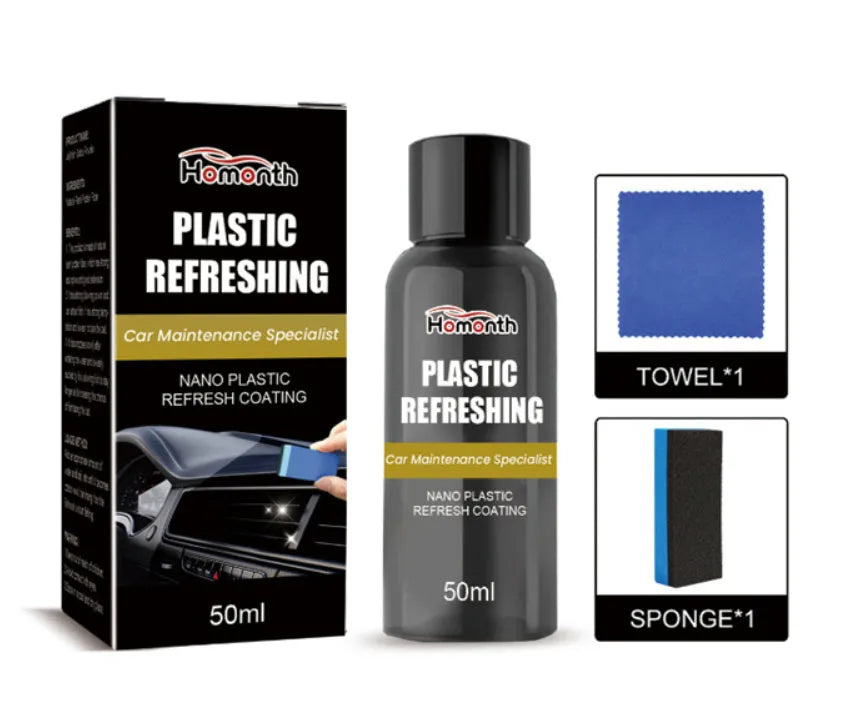 Nano plastic restoration kit with 50ml bottle, application sponge, and microfiber cloth for car trim