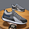 Men's green and grey running shoes with mesh upper and lace-up closure on neutral background
