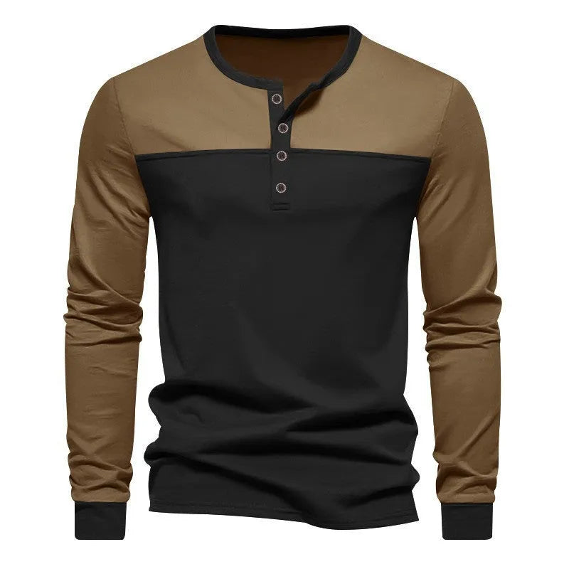 Henry collar casual long sleeve shirt in beaded twill polyester with colour matching details