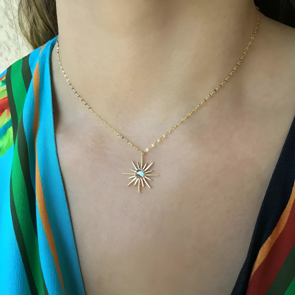 Boho gold sun god geometric pendant necklace on alloy chain with electroplated finish