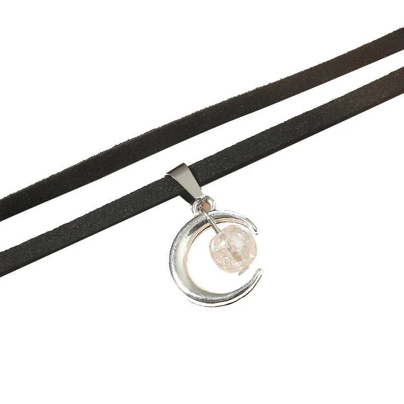 Korean style double-layer moon pendant necklace with acrylic beads and velvet chain for women