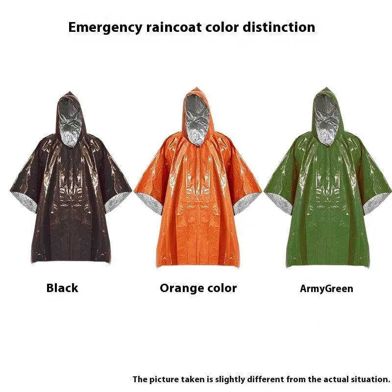 Orange and army green adult waterproof raincoat for marathon and outdoor use, shown laid flat.