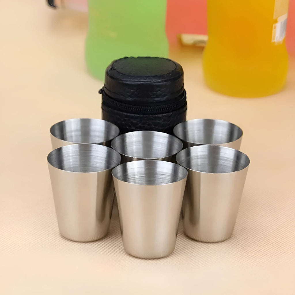 30 ml stainless steel wine glass set with silver finish and PU leather cup holder for outdoor carry