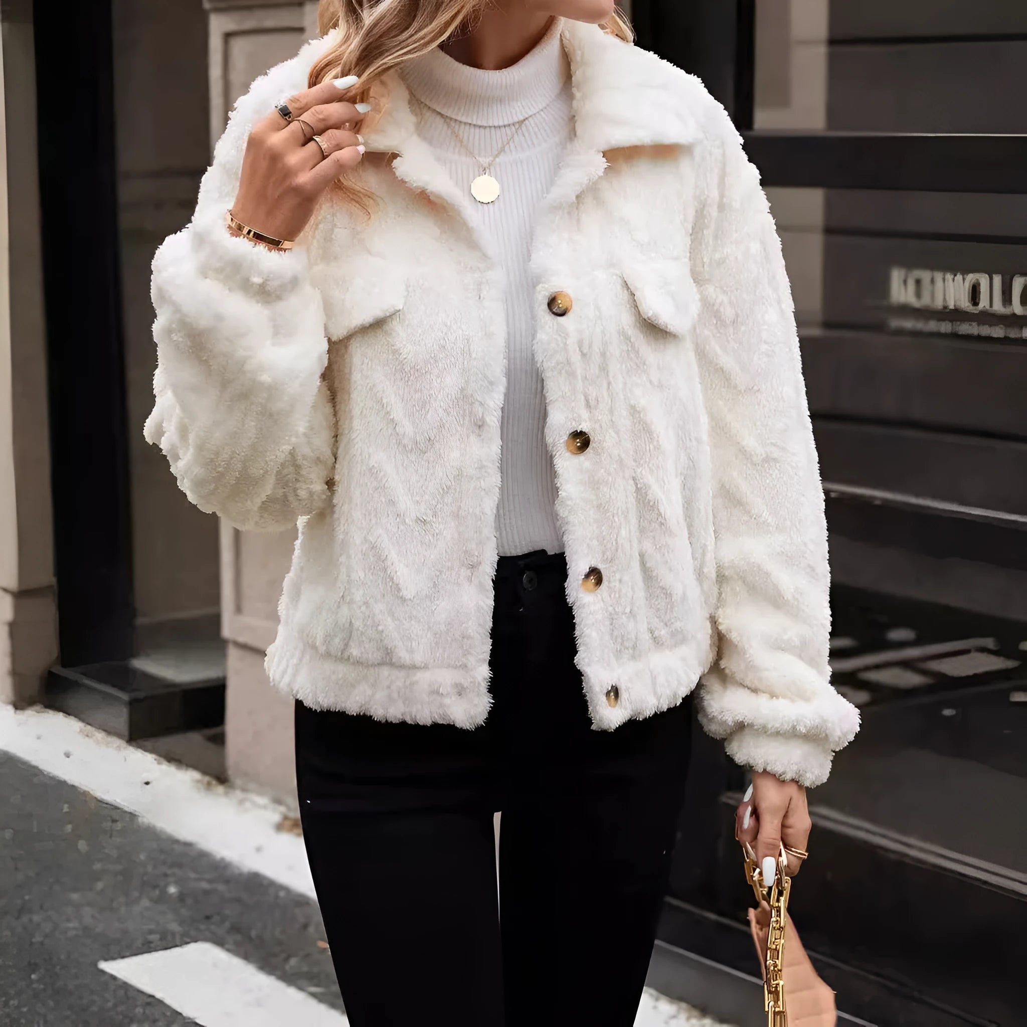 Women's ivory white polyester button cardigan coat with regular sleeves and double-sided plush construction