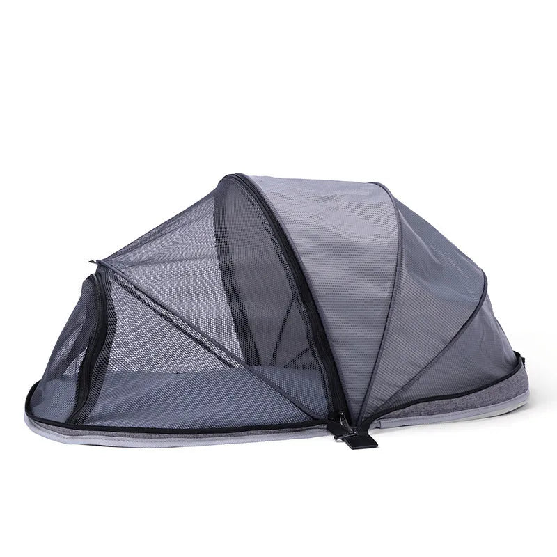 Folding pet tent for cats with half-mesh side panels, shown in blue colour
