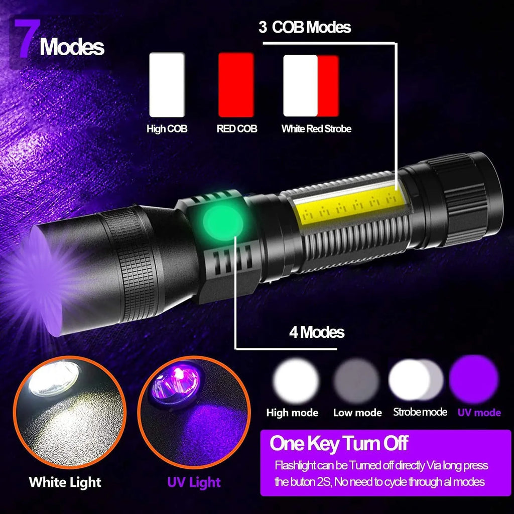 10W magnet USB rechargeable flashlight with aluminium alloy body and focusing beam on black background
