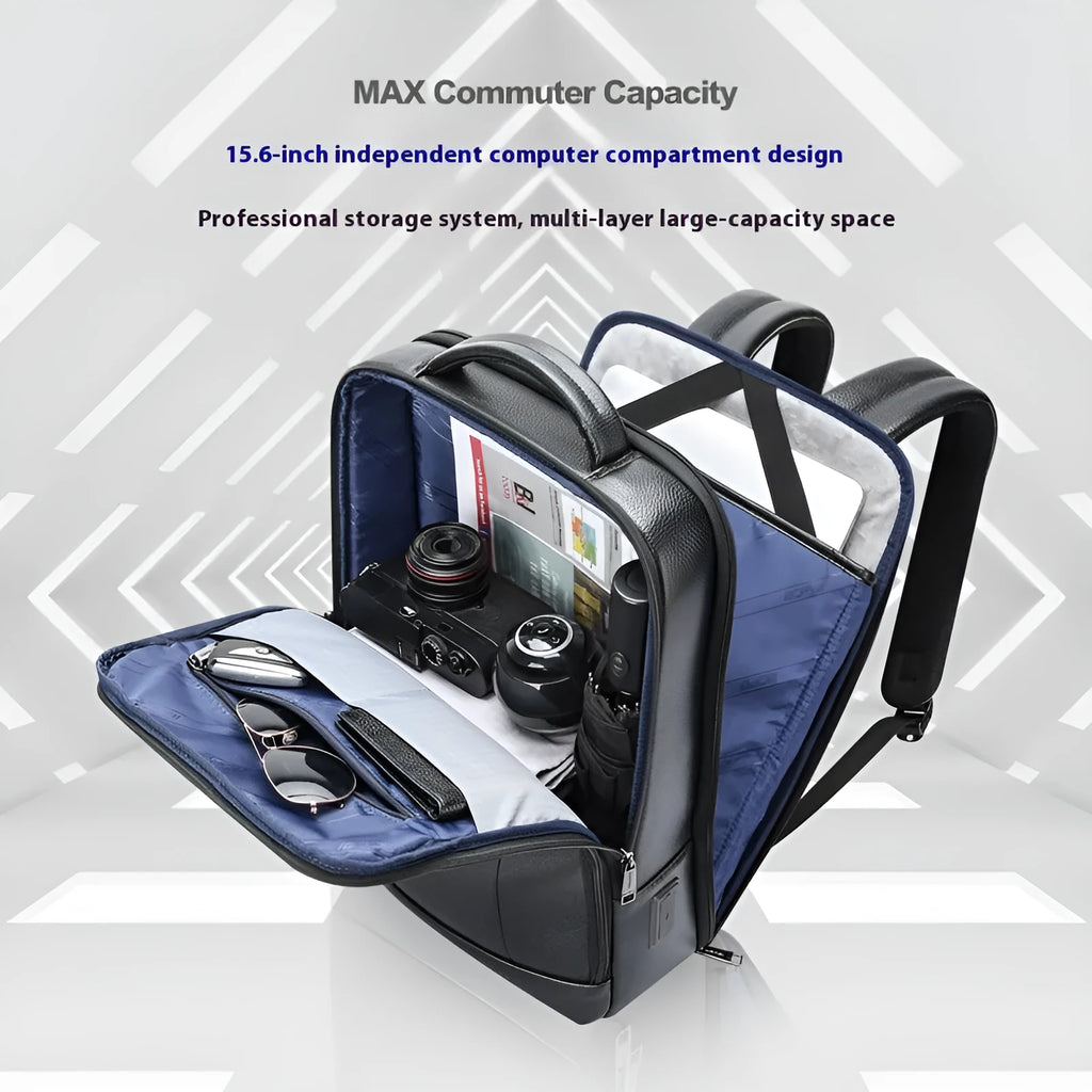 Black genuine cowhide leather business commuter backpack with USB port and curved shoulder straps.
