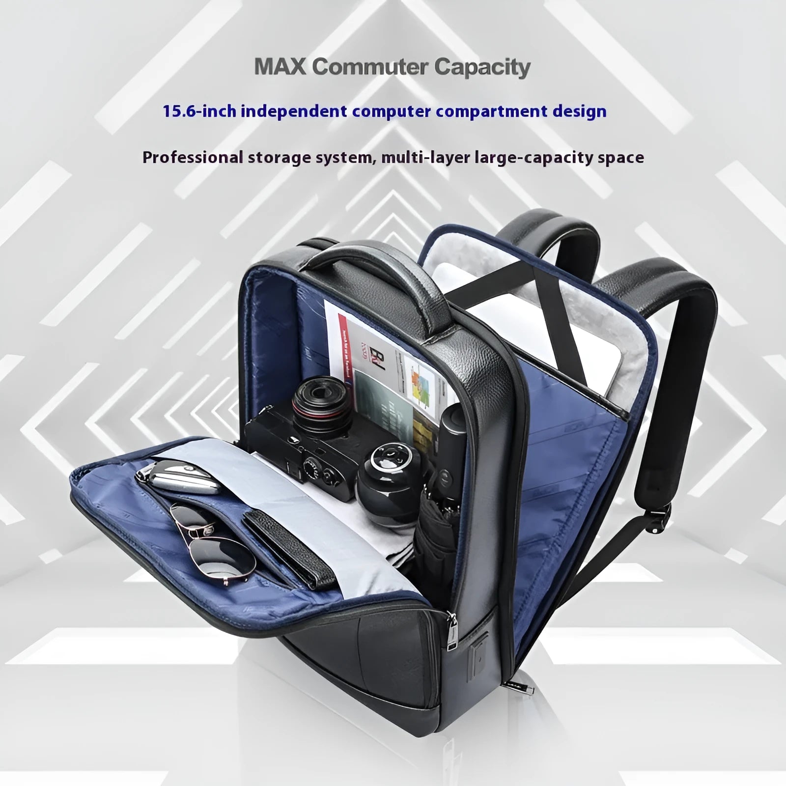 Black genuine cowhide leather business commuter backpack with USB port and curved shoulder straps.
